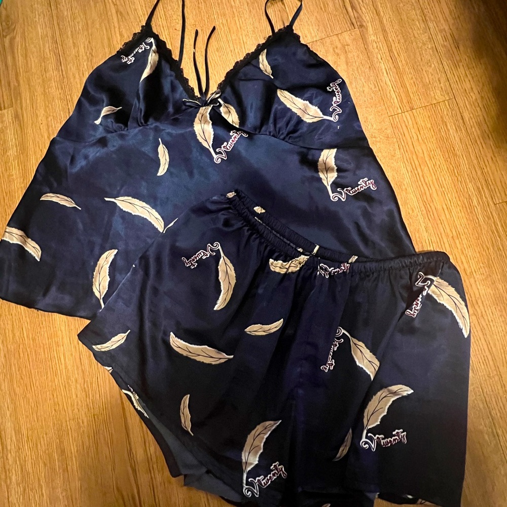 Shein  Lace Feather Print Satin Cami PJ Set 2XL - Picture 2 of 9